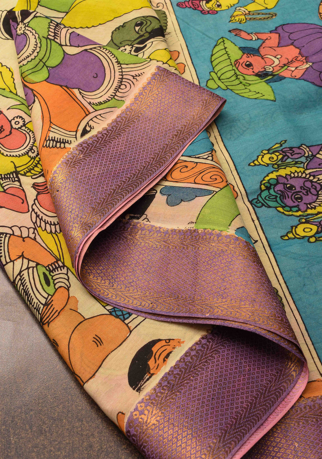 Village Theme : Beige Authentic Pen kalamkari on Mangalagiri Silk Saree with zari border