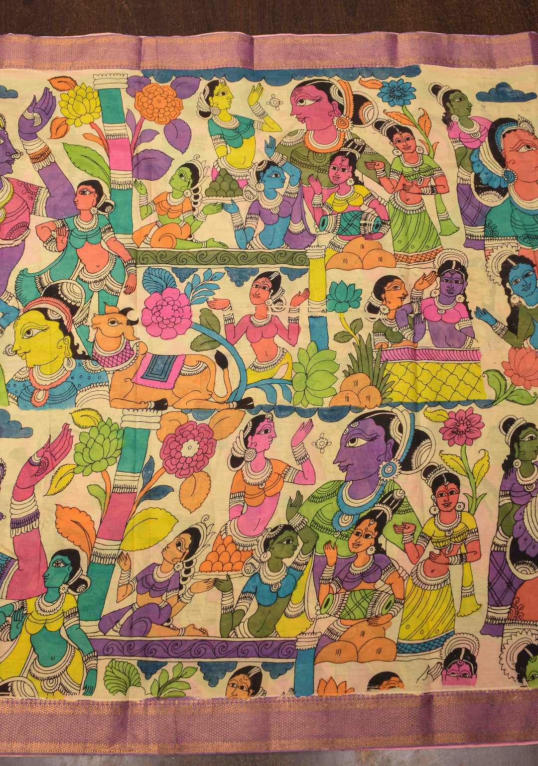 Village Theme : Beige Authentic Pen kalamkari on Mangalagiri Silk Saree with zari border