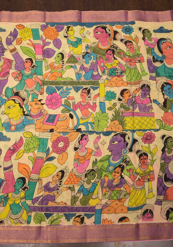 Village Theme : Beige Authentic Pen kalamkari on Mangalagiri Silk Saree with zari border