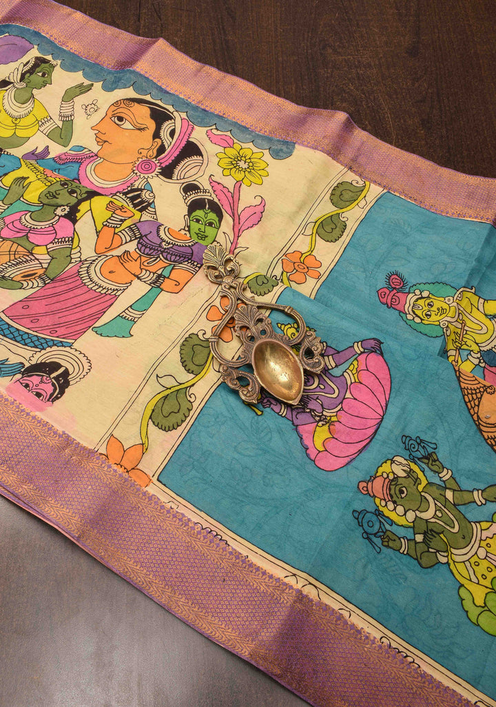 Village Theme : Beige Authentic Pen kalamkari on Mangalagiri Silk Saree with zari border