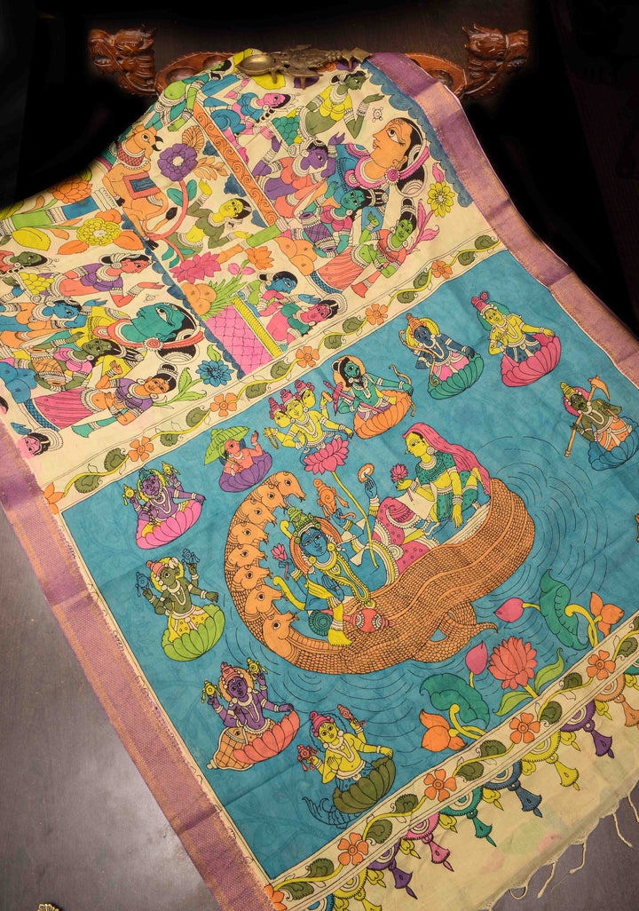 Village Theme : Beige Authentic Pen kalamkari on Mangalagiri Silk Saree with zari border