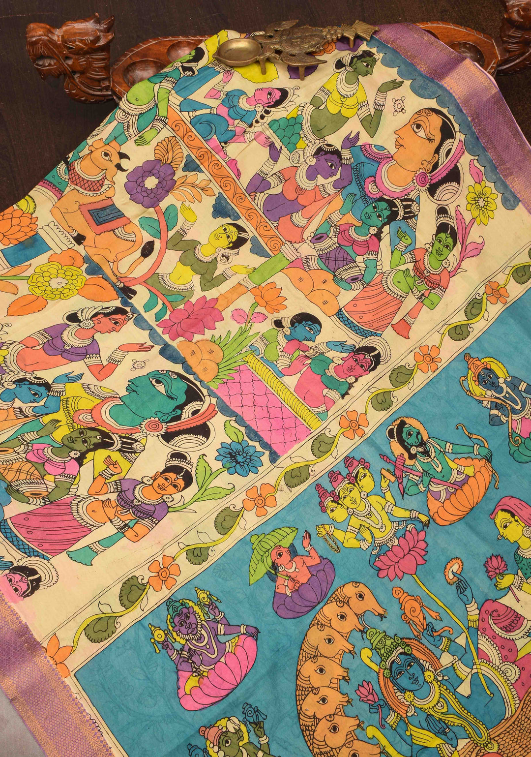 Village Theme : Beige Authentic Pen kalamkari on Mangalagiri Silk Saree with zari border