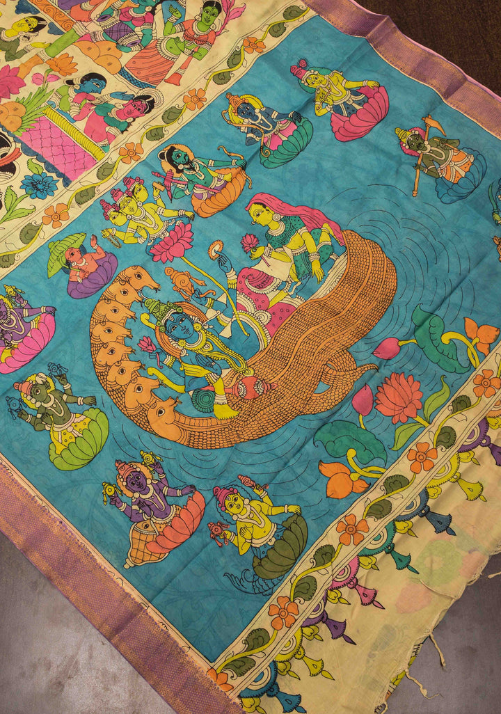 Village Theme : Beige Authentic Pen kalamkari on Mangalagiri Silk Saree with zari border