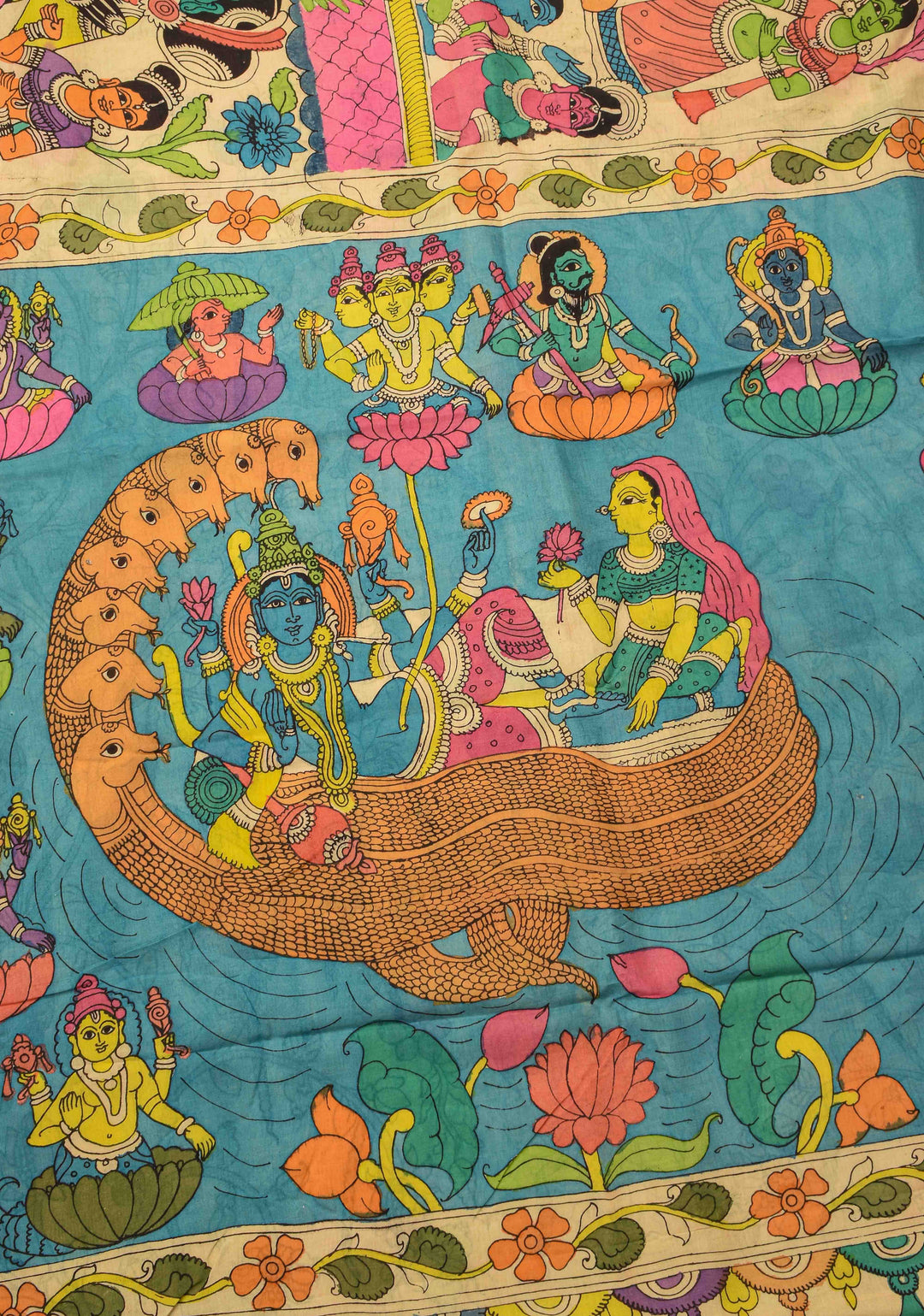 Village Theme : Beige Authentic Pen kalamkari on Mangalagiri Silk Saree with zari border