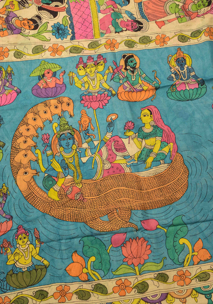 Village Theme : Beige Authentic Pen kalamkari on Mangalagiri Silk Saree with zari border