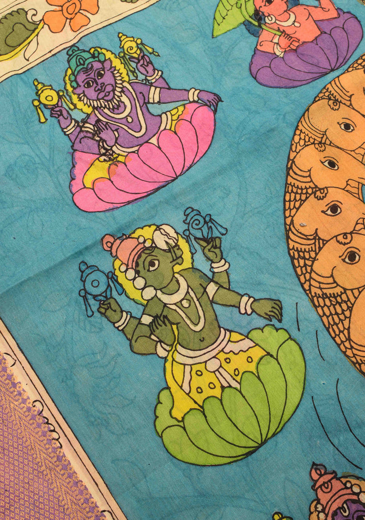 Village Theme : Beige Authentic Pen kalamkari on Mangalagiri Silk Saree with zari border