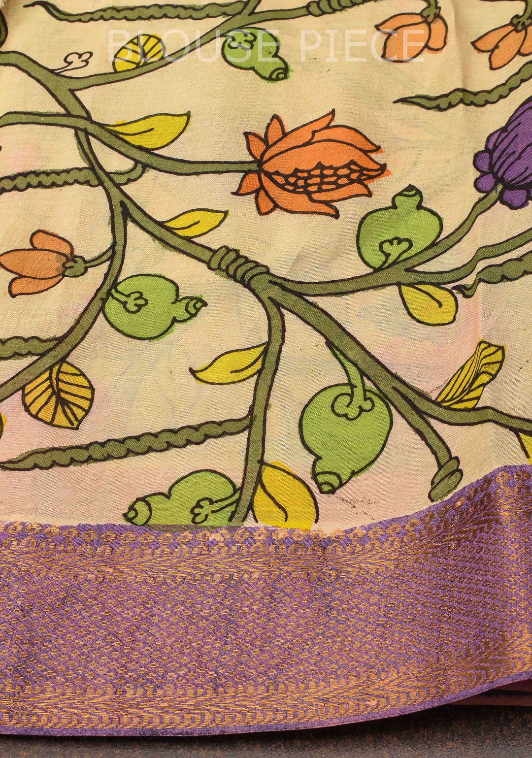 Village Theme : Beige Authentic Pen kalamkari on Mangalagiri Silk Saree with zari border