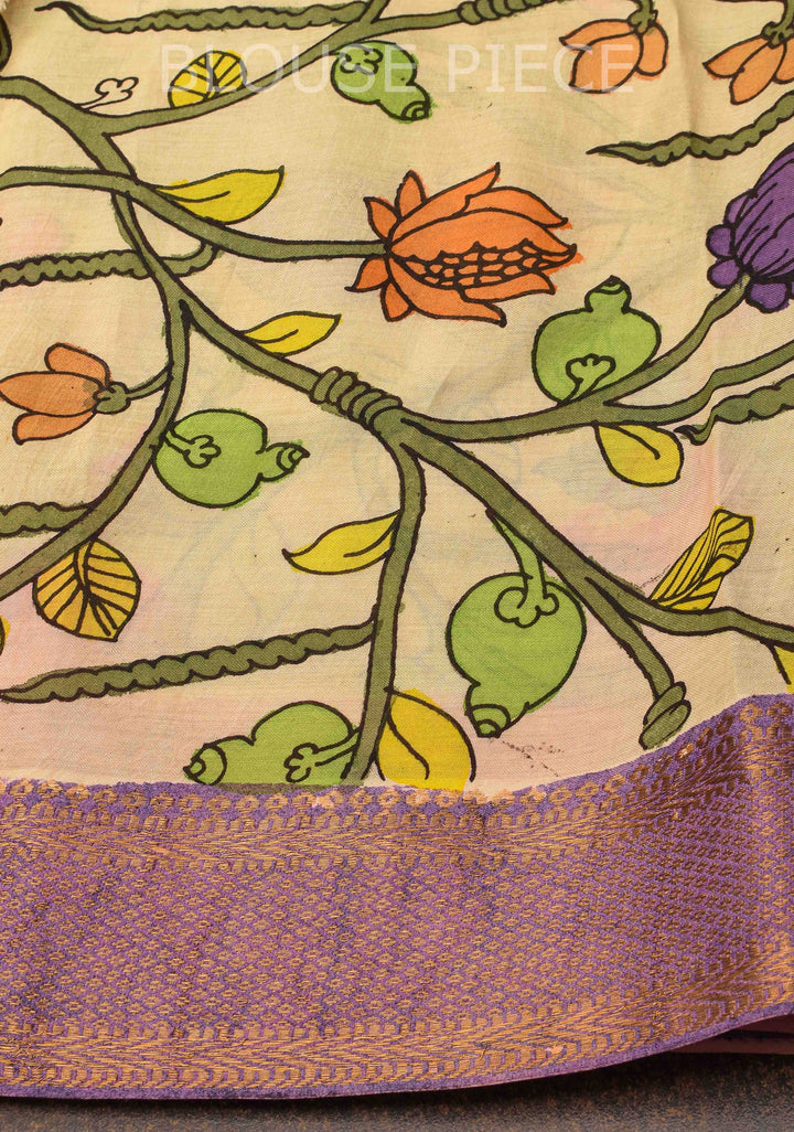 Village Theme : Beige Authentic Pen kalamkari on Mangalagiri Silk Saree with zari border