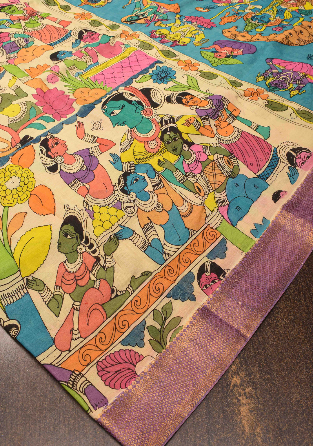 Village Theme : Beige Authentic Pen kalamkari on Mangalagiri Silk Saree with zari border