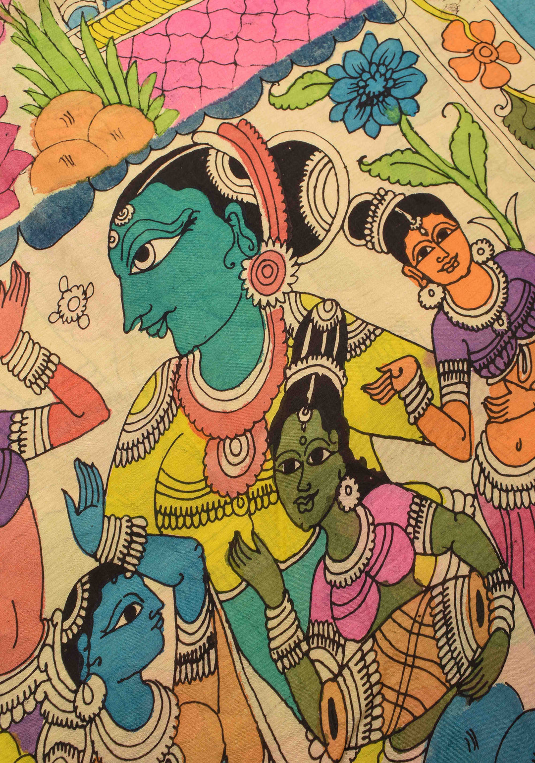 Village Theme : Beige Authentic Pen kalamkari on Mangalagiri Silk Saree with zari border