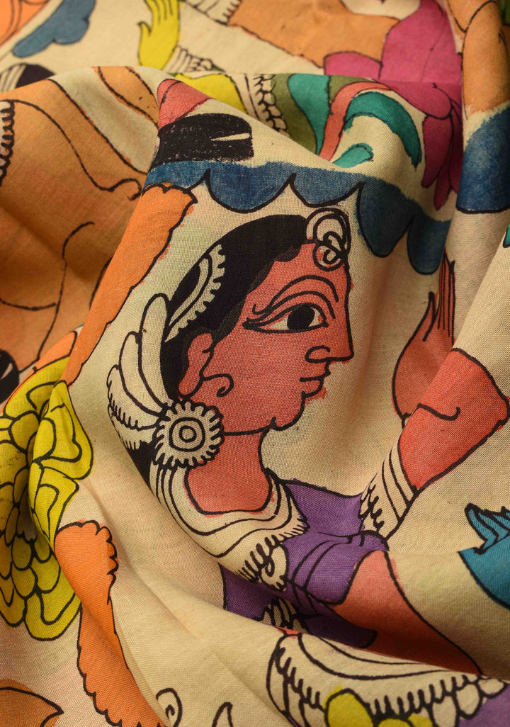 Village Theme : Beige Authentic Pen kalamkari on Mangalagiri Silk Saree with zari border