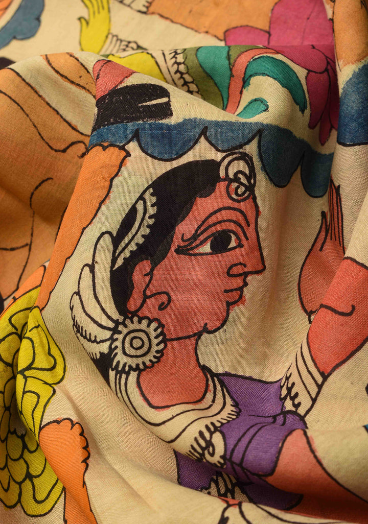 Village Theme : Beige Authentic Pen kalamkari on Mangalagiri Silk Saree with zari border