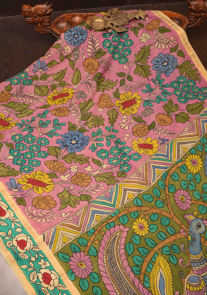 Floral and Annapakshi Theme : Pink Authentic Pen kalamkari on pure Assam Silk Saree with Border