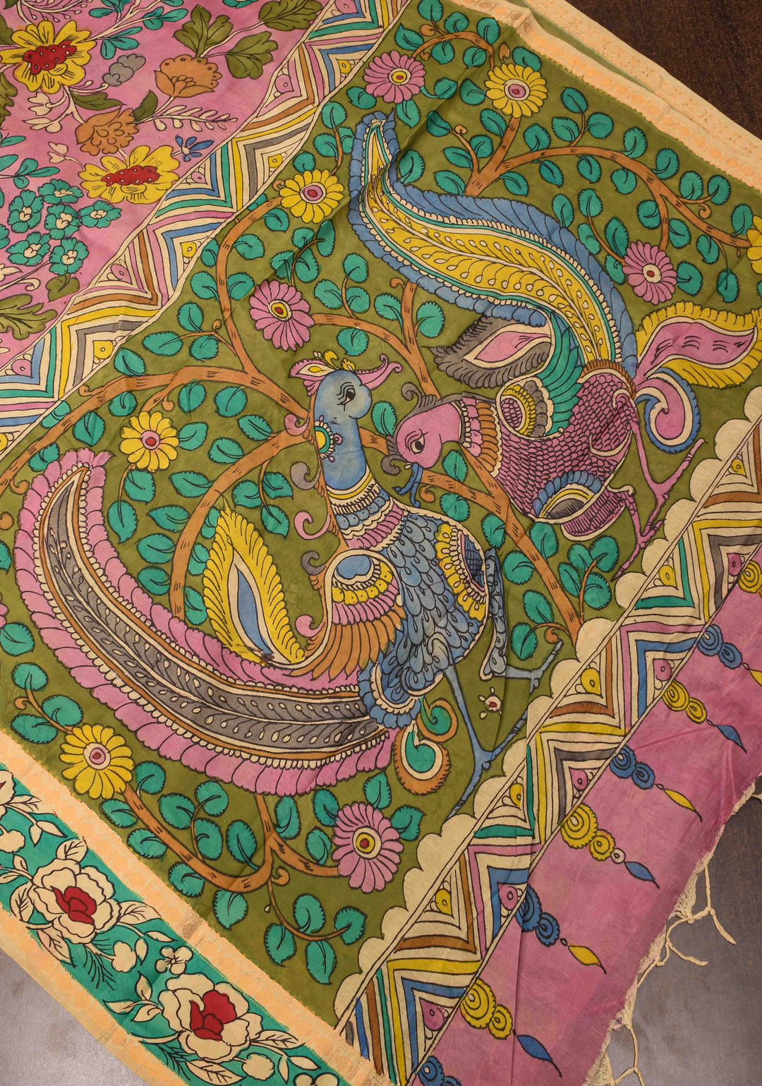 Floral and Annapakshi Theme : Pink Authentic Pen kalamkari on pure Assam Silk Saree with Border