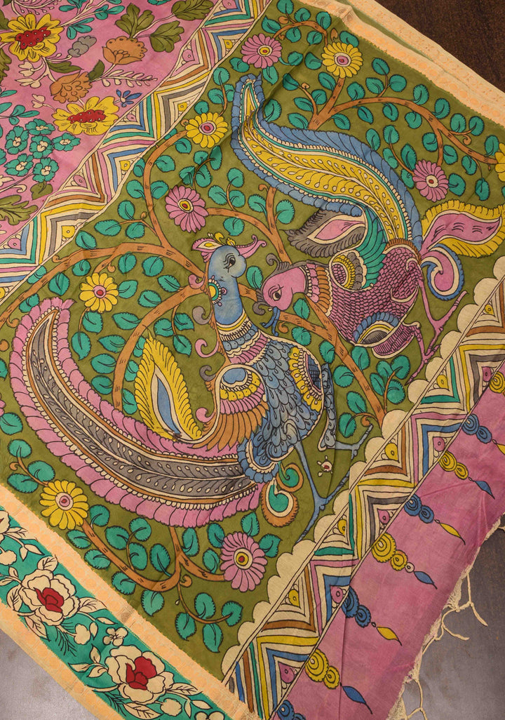 Floral and Annapakshi Theme : Pink Authentic Pen kalamkari on pure Assam Silk Saree with Border