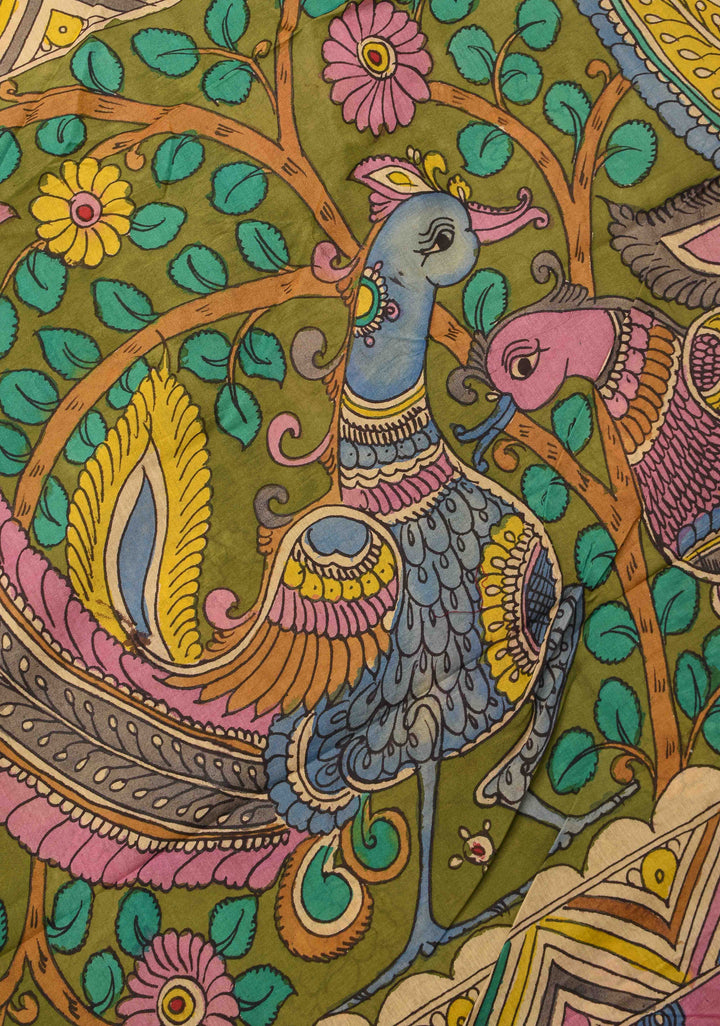 Floral and Annapakshi Theme : Pink Authentic Pen kalamkari on pure Assam Silk Saree with Border