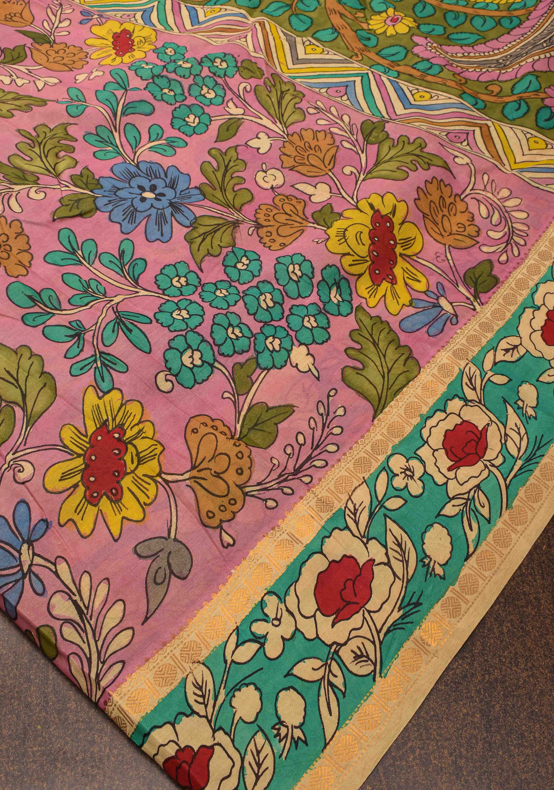 Floral and Annapakshi Theme : Pink Authentic Pen kalamkari on pure Assam Silk Saree with Border