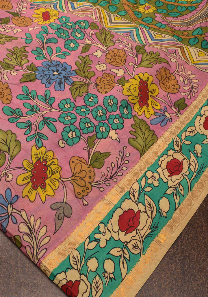 Floral and Annapakshi Theme : Pink Authentic Pen kalamkari on pure Assam Silk Saree with Border