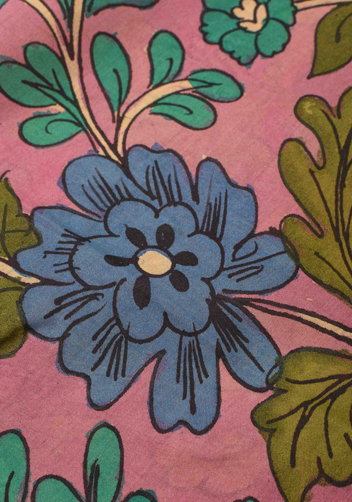 Floral and Annapakshi Theme : Pink Authentic Pen kalamkari on pure Assam Silk Saree with Border