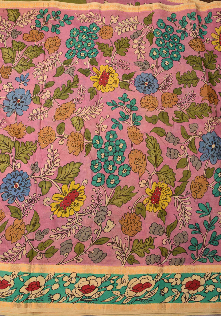 Floral and Annapakshi Theme : Pink Authentic Pen kalamkari on pure Assam Silk Saree with Border