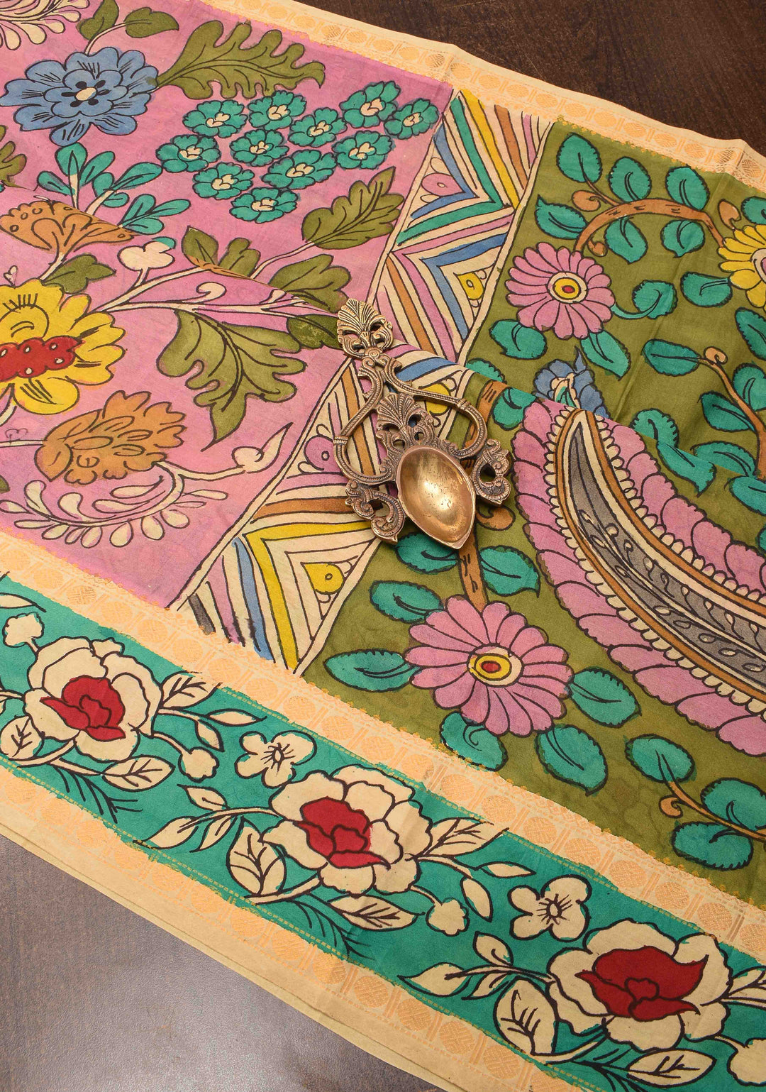 Floral and Annapakshi Theme : Pink Authentic Pen kalamkari on pure Assam Silk Saree with Border
