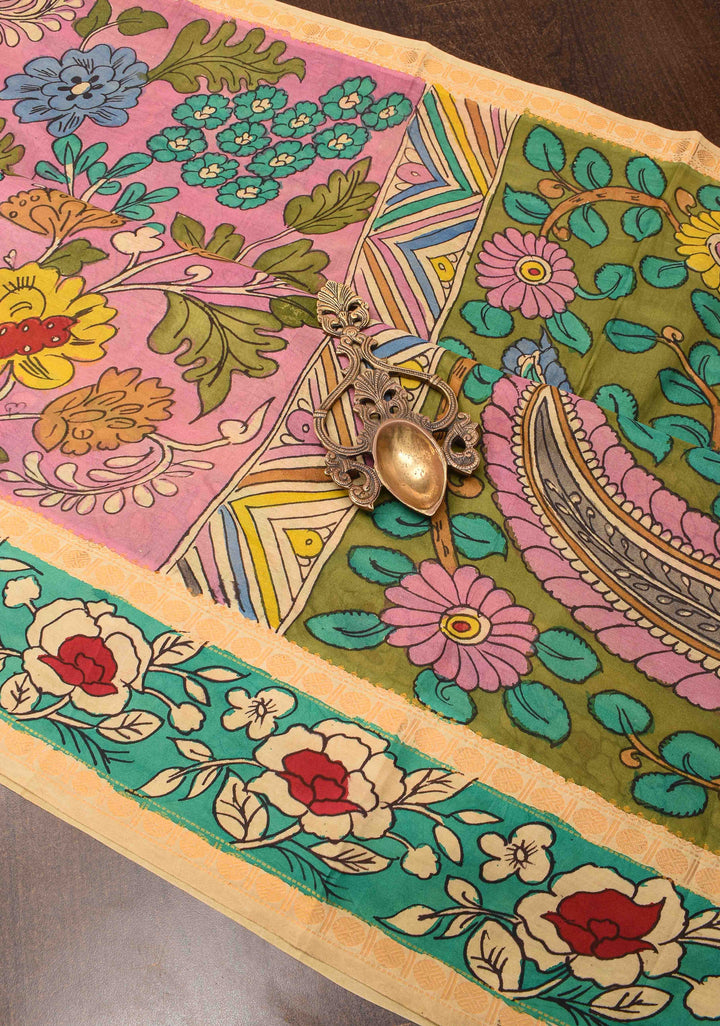 Floral and Annapakshi Theme : Pink Authentic Pen kalamkari on pure Assam Silk Saree with Border