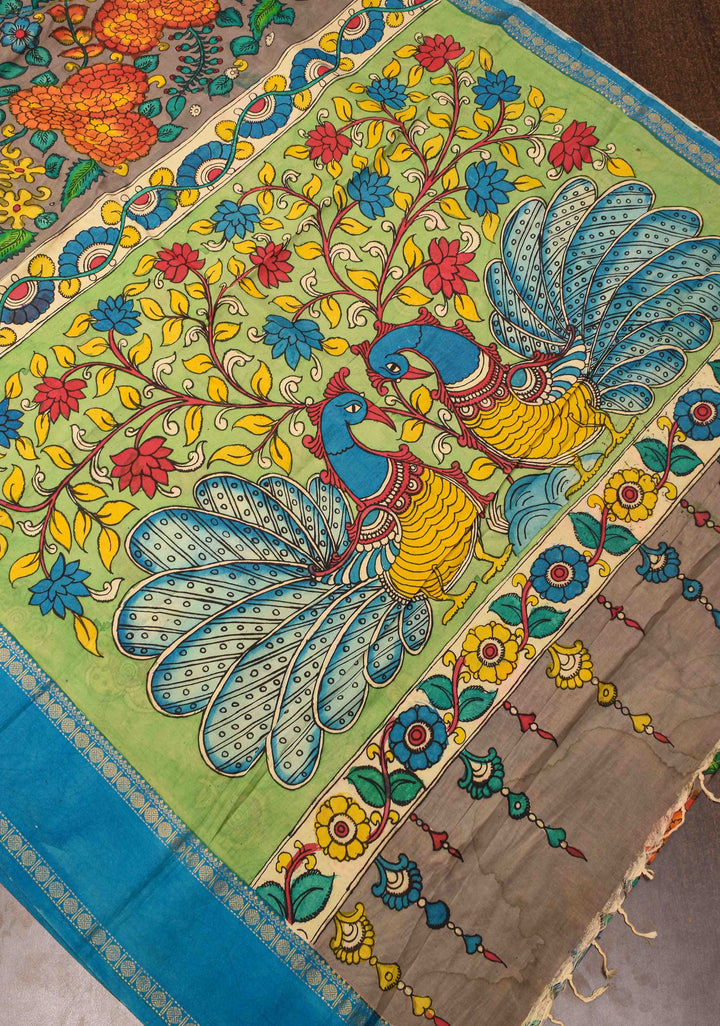 Floral and Peacock Theme : Grey Authentic Pen kalamkari on pure Chennuri Silk Saree with Border