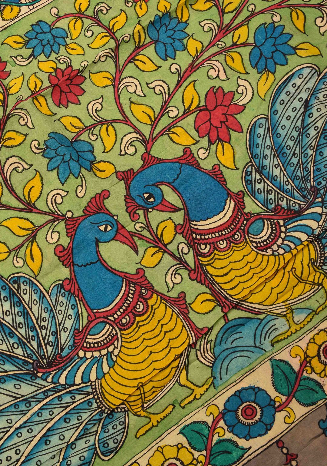 Floral and Peacock Theme : Grey Authentic Pen kalamkari on pure Chennuri Silk Saree with Border