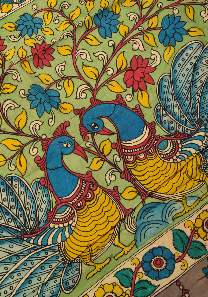 Floral and Peacock Theme : Grey Authentic Pen kalamkari on pure Chennuri Silk Saree with Border