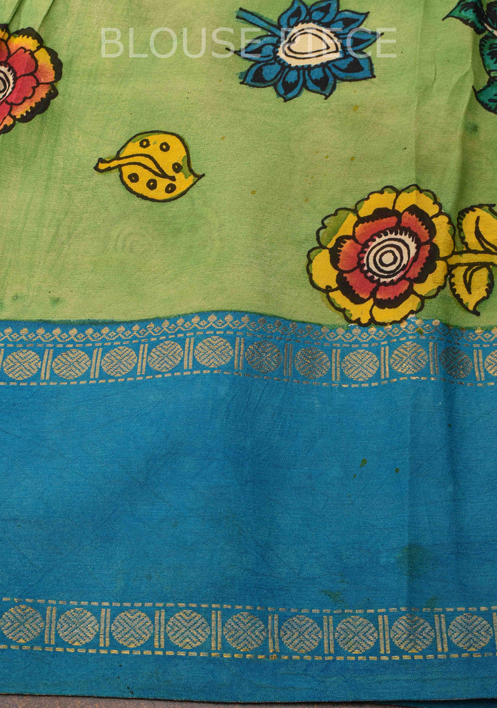 Floral and Peacock Theme : Grey Authentic Pen kalamkari on pure Chennuri Silk Saree with Border