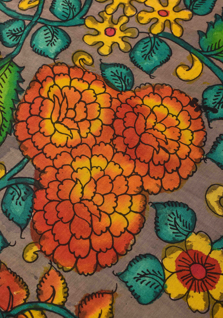 Floral and Peacock Theme : Grey Authentic Pen kalamkari on pure Chennuri Silk Saree with Border