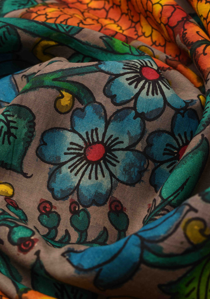 Floral and Peacock Theme : Grey Authentic Pen kalamkari on pure Chennuri Silk Saree with Border