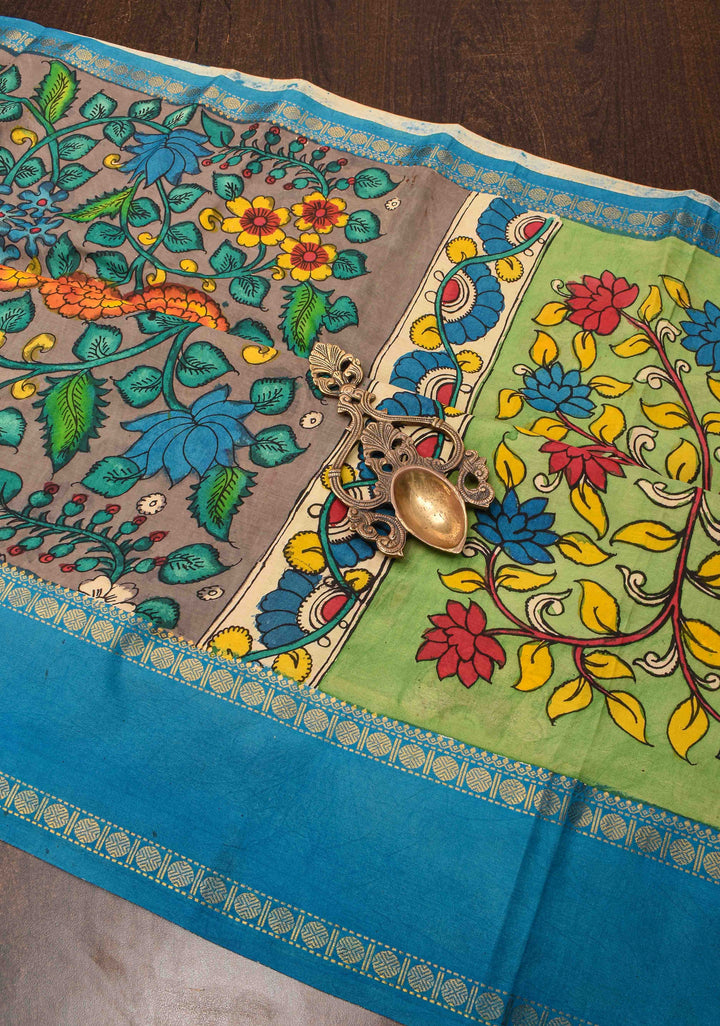 Floral and Peacock Theme : Grey Authentic Pen kalamkari on pure Chennuri Silk Saree with Border