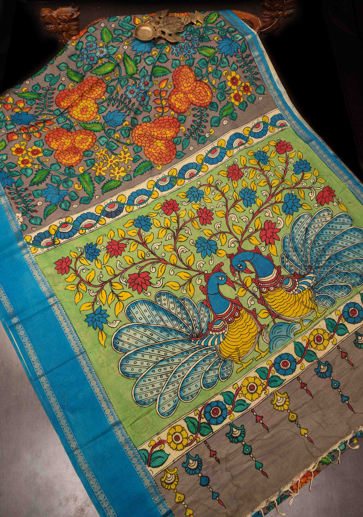 Floral and Peacock Theme : Grey Authentic Pen kalamkari on pure Chennuri Silk Saree with Border