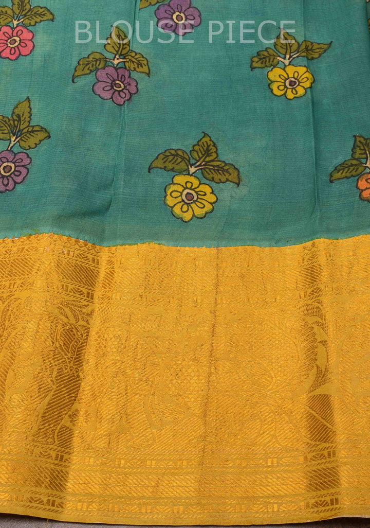 Floral Theme : Brown Authentic Pen kalamkari on Bangalore Silk Saree with zari border and Peacock motif on Pallu
