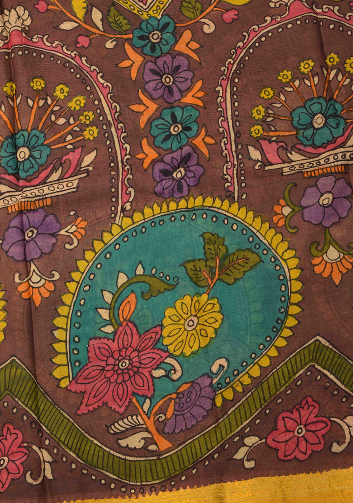 Floral Theme : Brown Authentic Pen kalamkari on Bangalore Silk Saree with zari border and Peacock motif on Pallu