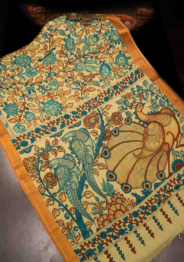 Floral Theme : Beige Authentic Pen kalamkari on Mangalagiri Silk Saree with zari border
