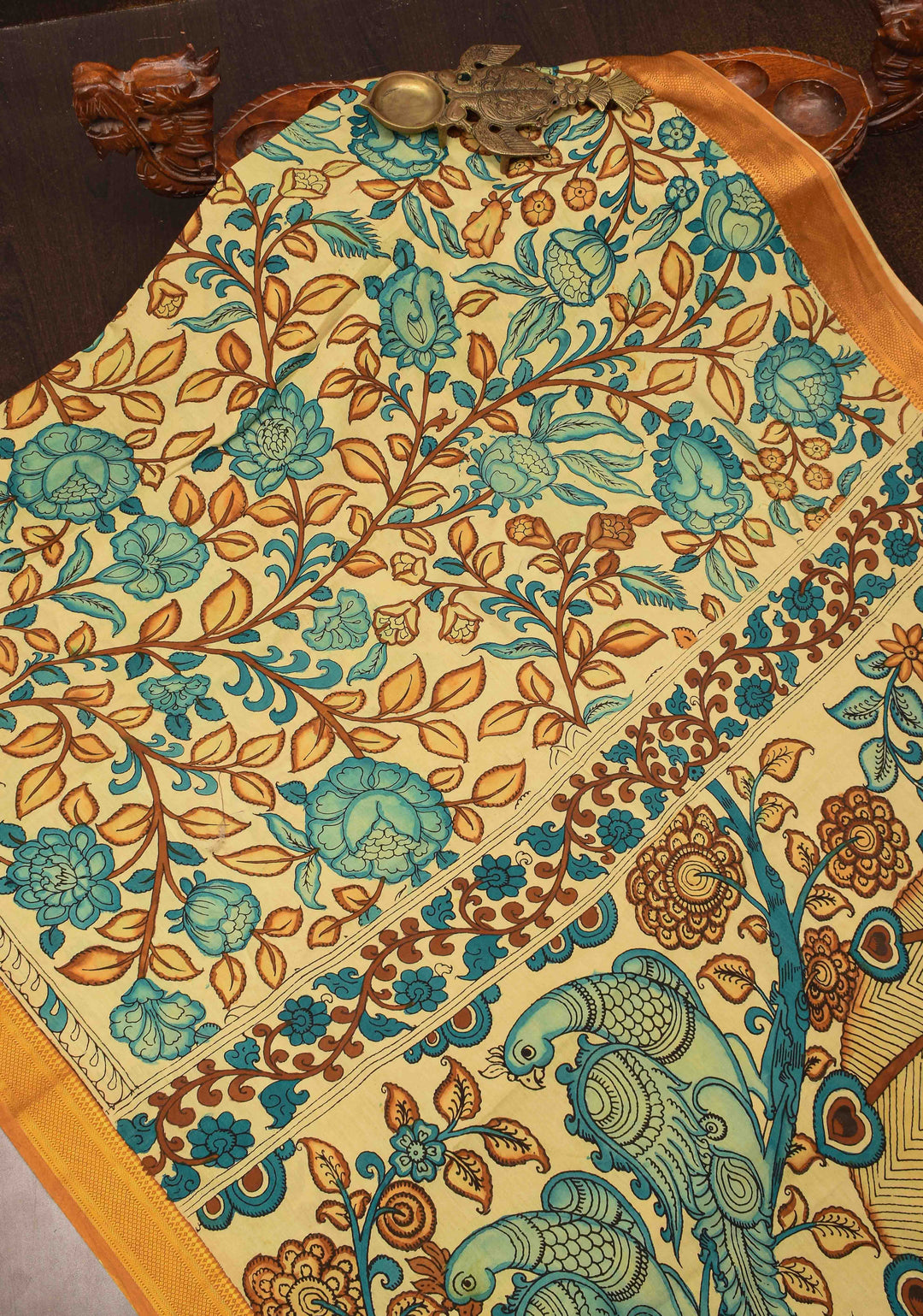 Floral Theme : Beige Authentic Pen kalamkari on Mangalagiri Silk Saree with zari border
