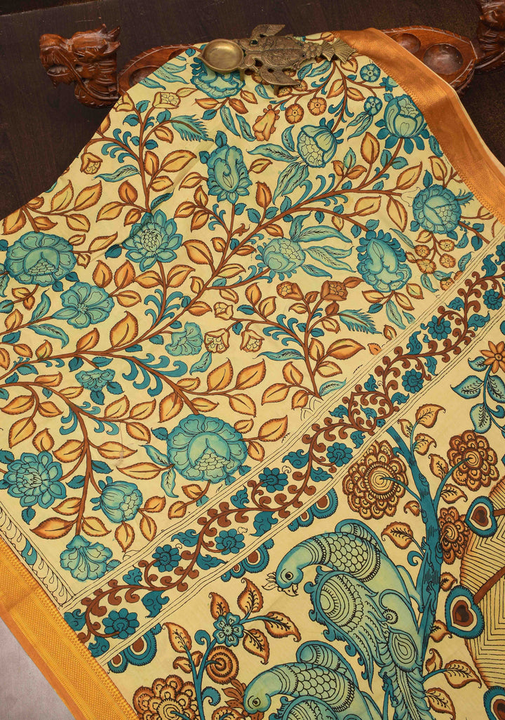 Floral Theme : Beige Authentic Pen kalamkari on Mangalagiri Silk Saree with zari border