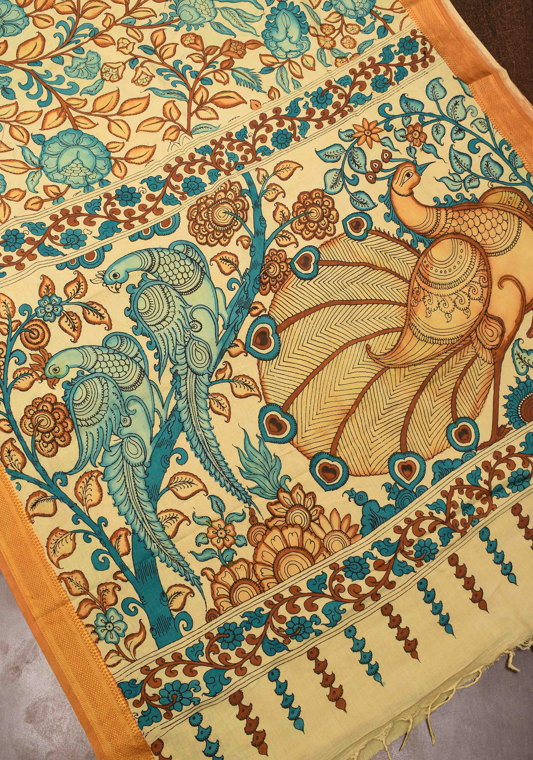 Floral Theme : Beige Authentic Pen kalamkari on Mangalagiri Silk Saree with zari border