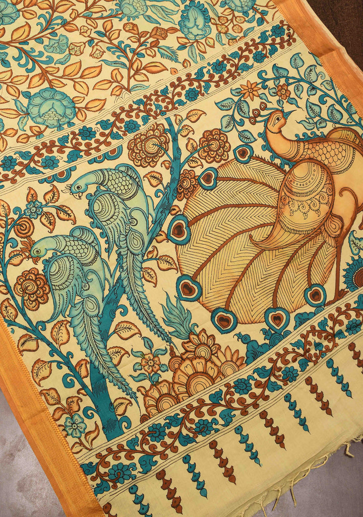 Floral Theme : Beige Authentic Pen kalamkari on Mangalagiri Silk Saree with zari border