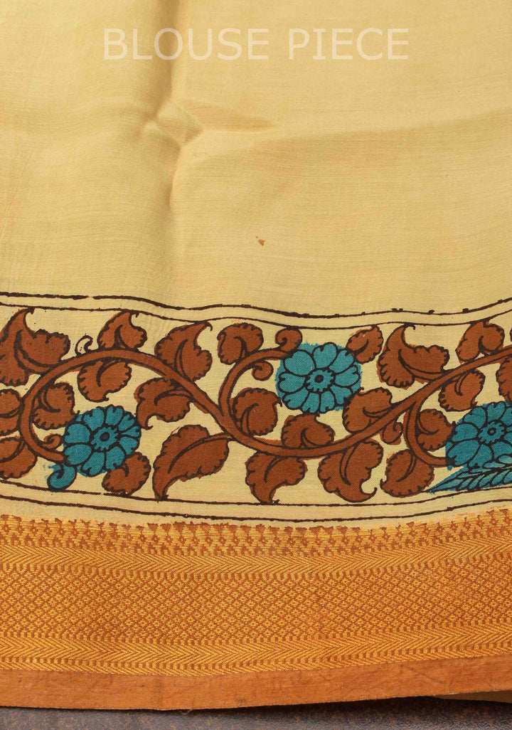 Floral Theme : Beige Authentic Pen kalamkari on Mangalagiri Silk Saree with zari border