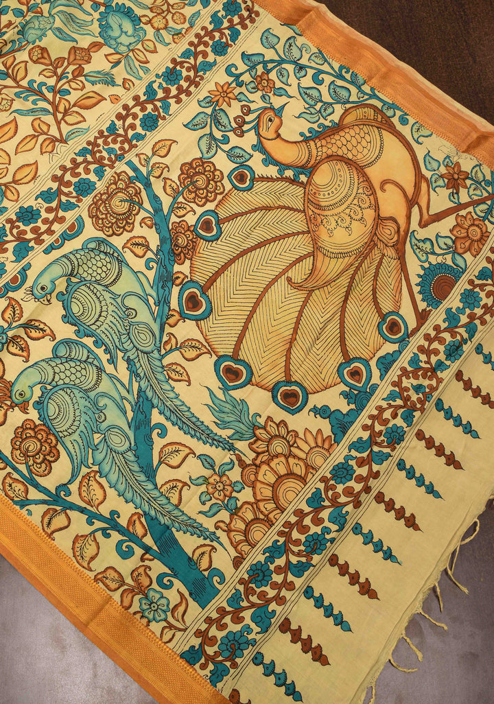 Floral Theme : Beige Authentic Pen kalamkari on Mangalagiri Silk Saree with zari border