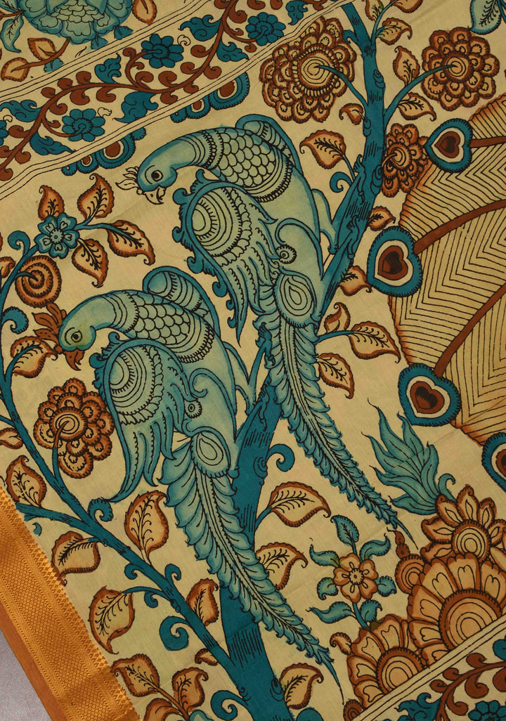 Floral Theme : Beige Authentic Pen kalamkari on Mangalagiri Silk Saree with zari border