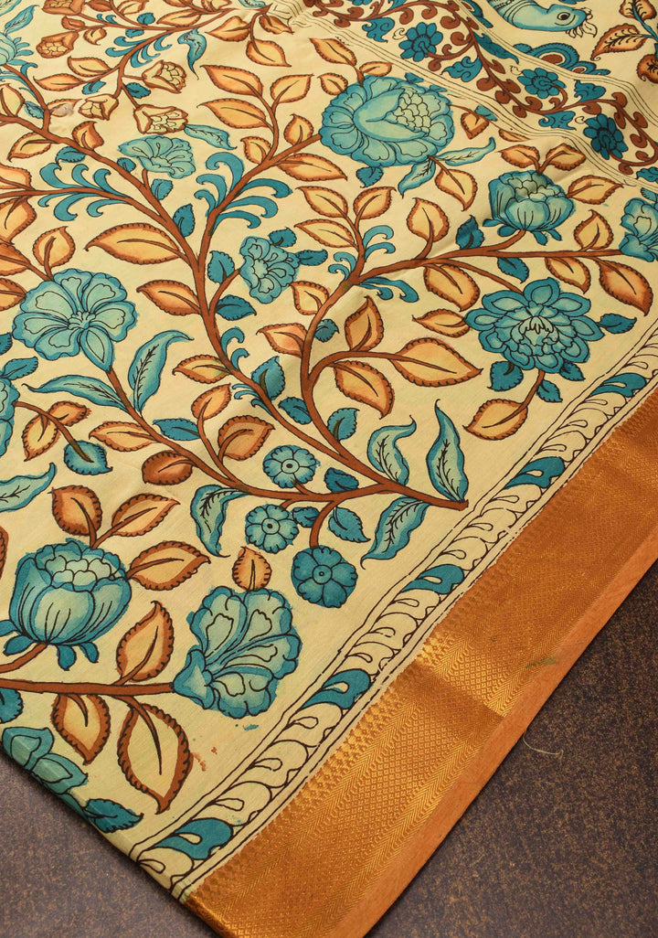 Floral Theme : Beige Authentic Pen kalamkari on Mangalagiri Silk Saree with zari border