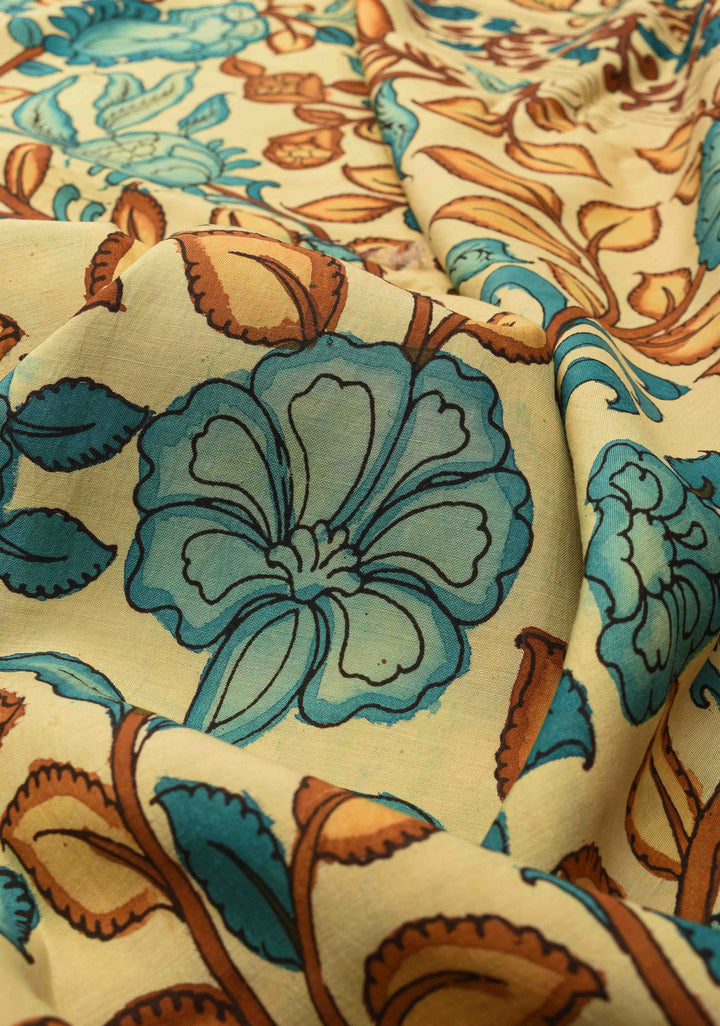 Floral Theme : Beige Authentic Pen kalamkari on Mangalagiri Silk Saree with zari border