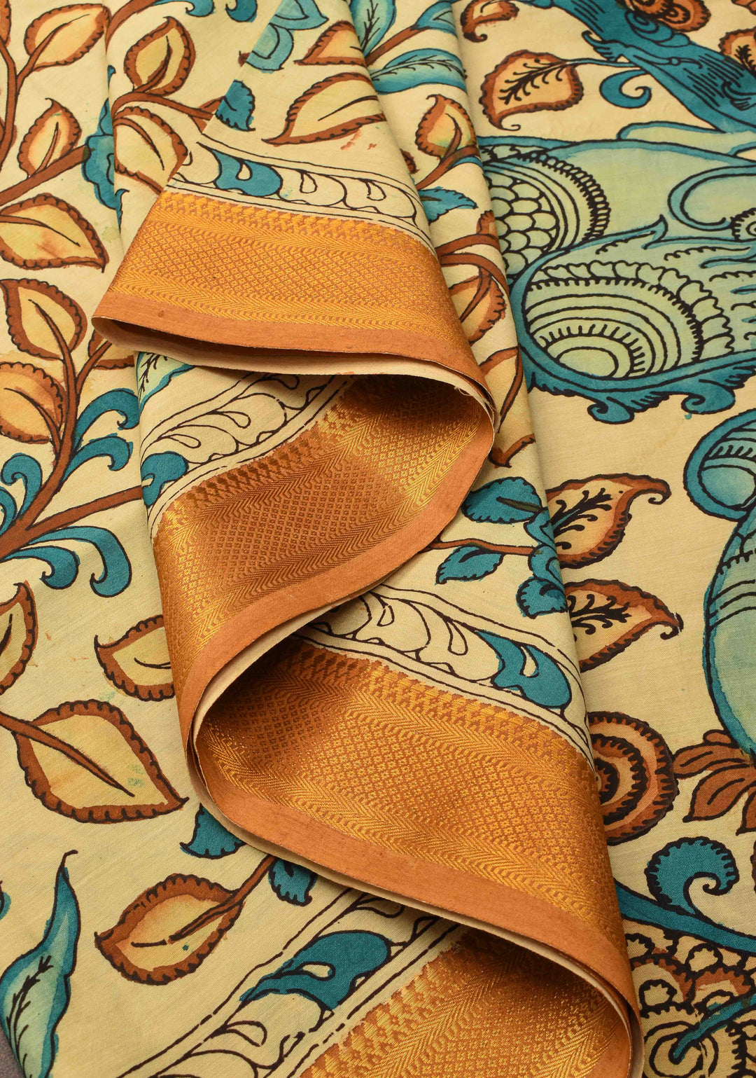 Floral Theme : Beige Authentic Pen kalamkari on Mangalagiri Silk Saree with zari border
