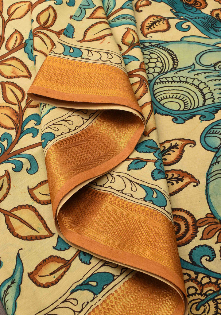 Floral Theme : Beige Authentic Pen kalamkari on Mangalagiri Silk Saree with zari border