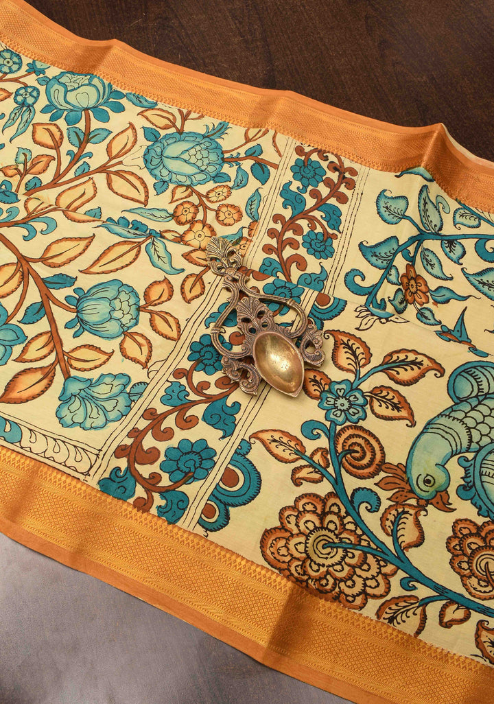 Floral Theme : Beige Authentic Pen kalamkari on Mangalagiri Silk Saree with zari border