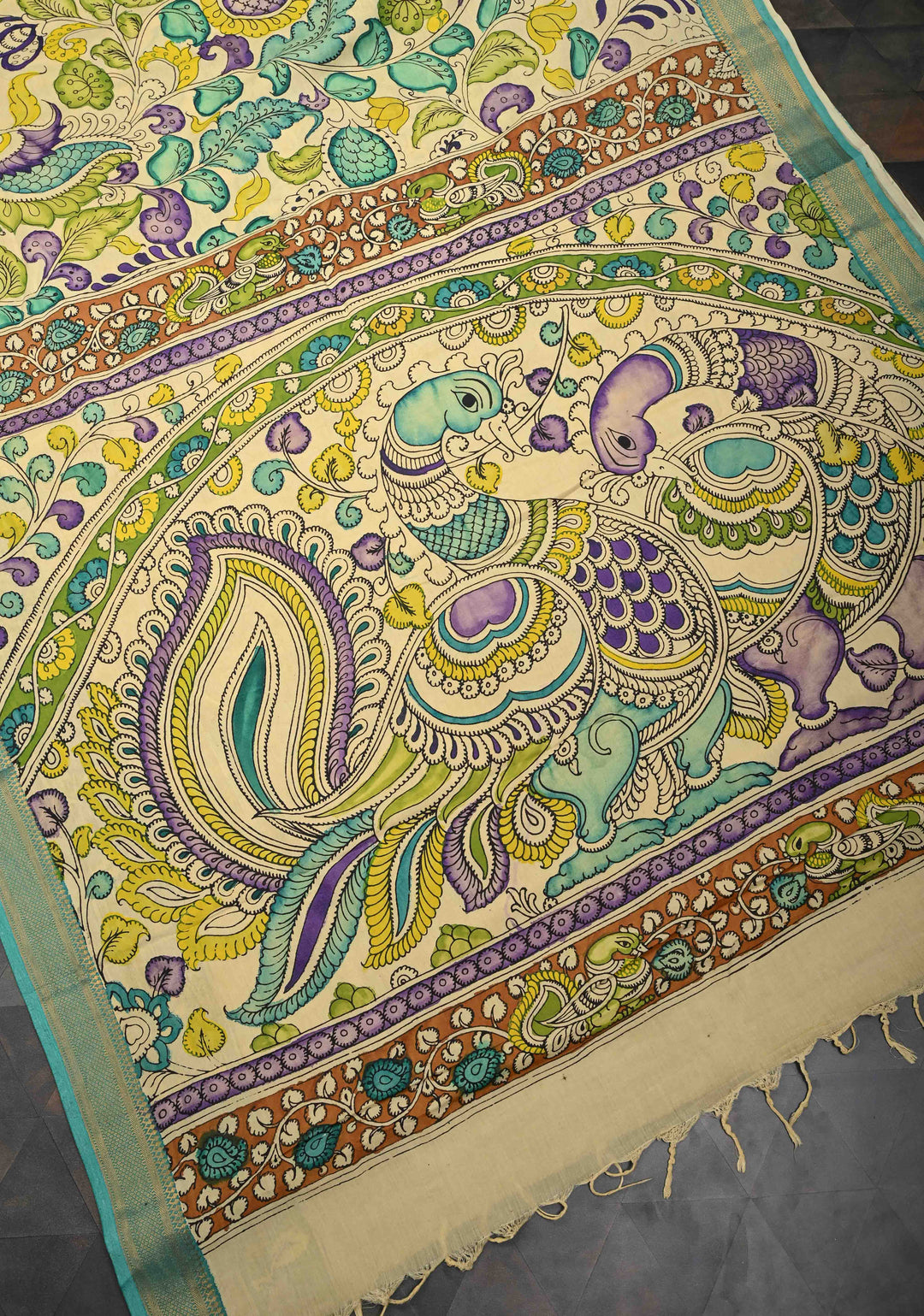 Annapakshi and Floral Theme : Beige Authentic Pen kalamkari on Mangalagiri Silk Saree with Zari Border